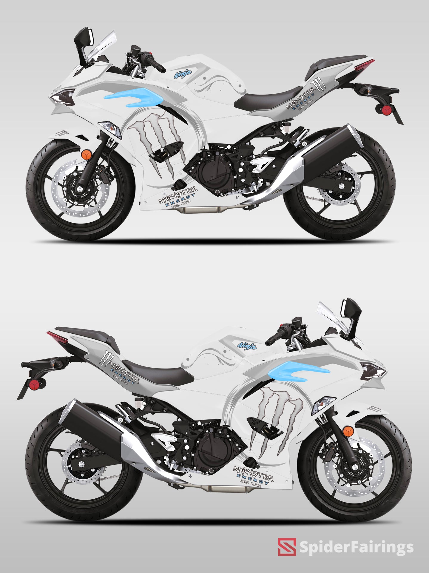 Gloss white and silver Monster energy style Kawasaki Ninja500 2024-2025