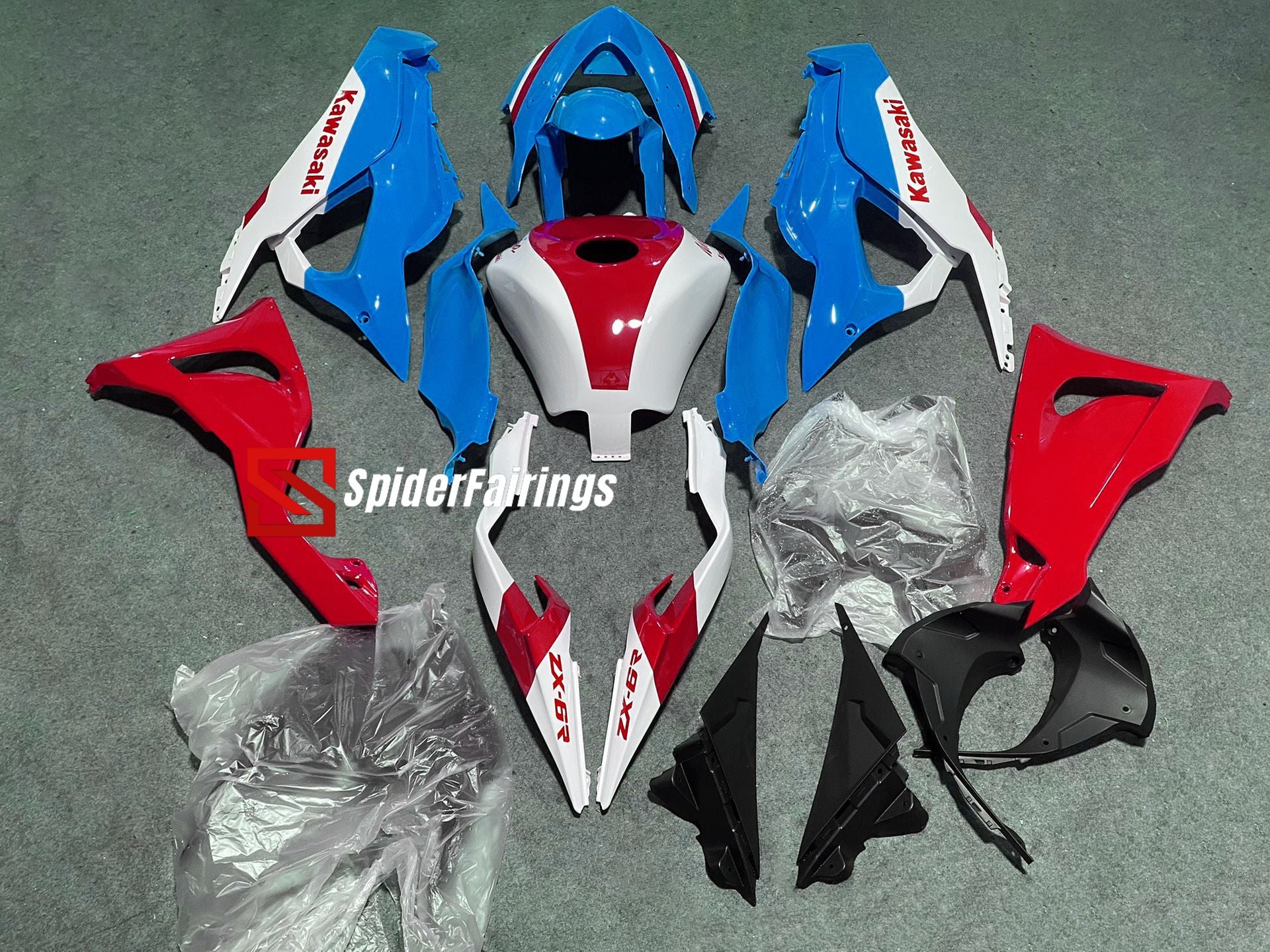 Skyblue and Red-Kawasaki ZX-6R 2024 – SpiderFairings