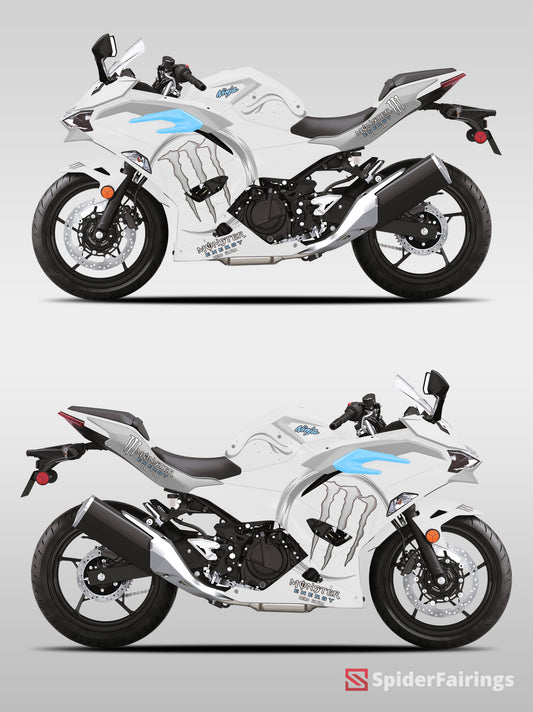 Gloss white and silver Monster energy style Kawasaki Ninja500 2024-2025